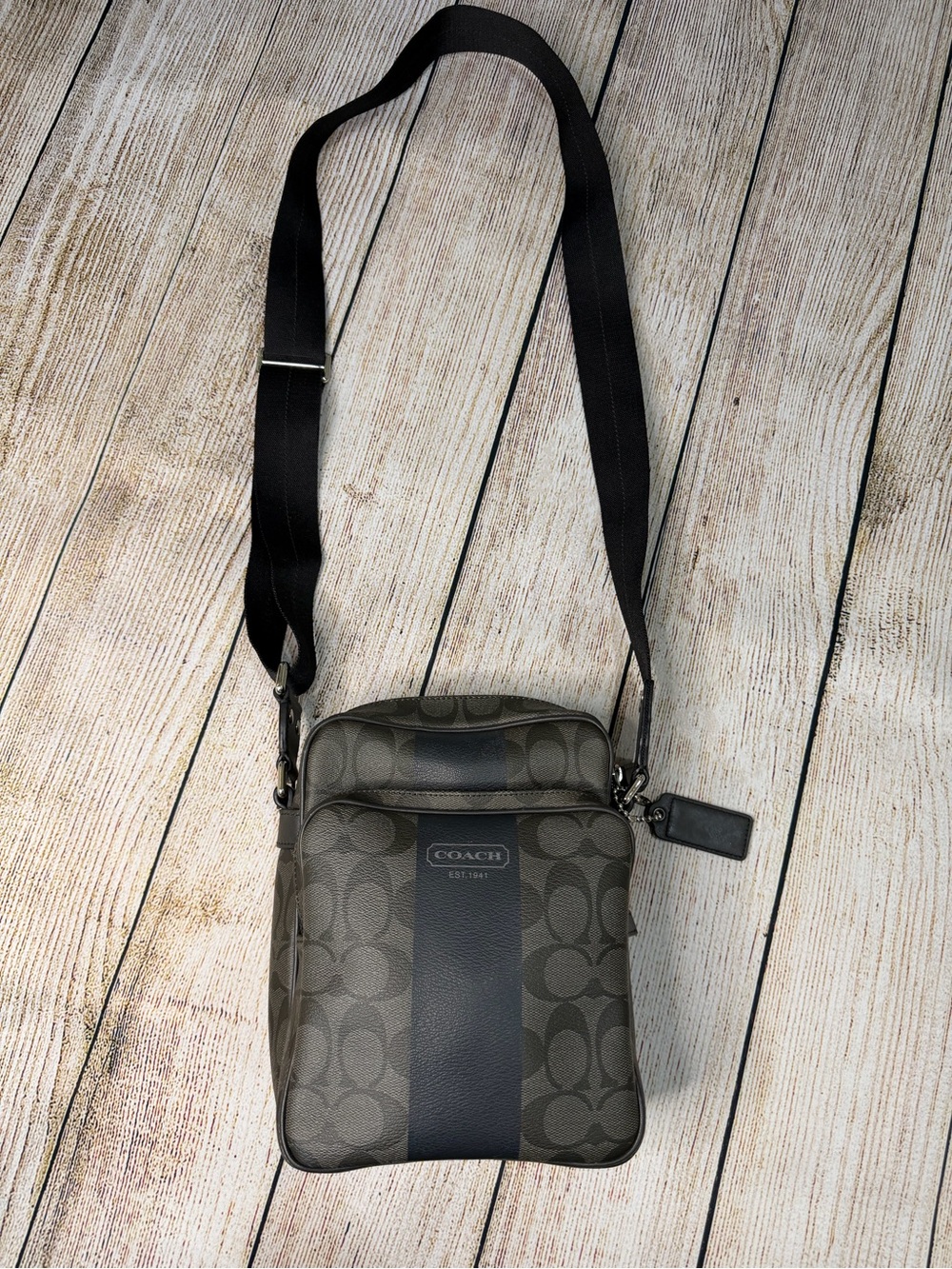 Coach Heritage Stripe Flight Crossbody Bag Unisex Black Gray